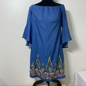 Nicole Miller Dress Women’s 10 Chambray Boho Embroidered Bell Sleeve sleeveless